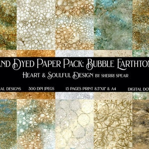 Peut inclure: Un pack de papier numérique avec 15 motifs originaux de papier teinté à la main avec une texture de bulles dans des tons terreux. Les motifs sont en JPEG 300 DPI et peuvent être imprimés en 8,5" x 11" ou A4.  HAND DYED PAPER PACK: BUBBLE FARTHTONES HEART & SOULFUL DESIGN BY SHERRI SPEAR 15 ORIGINAL DESIGNS 300 DPI JPEGS 15 PAGES PRINT 8.5"XII" & A4 DIGITAL DOWNLOADS
