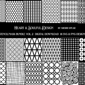Może przedstawiać: Kolekcja czarno-białych szablonów i masek z różnymi geometrycznymi i wzorzystymi wzorami. Tekst brzmi "Heart & Soulful Design" i "Stencil/Mask Bundle Vol. 2 Digital Download 18 SVG & PNG Designs."