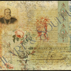 May include: A vintage-style collage featuring a portrait of a man with a beard and a ruff collar, floral designs, handwritten text, and a stamp with the text "CHOCOLAT AUPHIN" and "GRENOBLE".