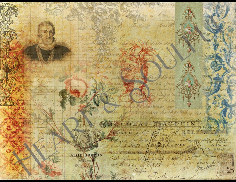May include: A vintage-style collage featuring a portrait of a man with a beard and a ruff collar, floral designs, handwritten text, and a stamp with the text "CHOCOLAT AUPHIN" and "GRENOBLE".