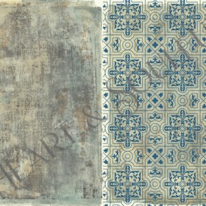 May include: A digital paper background with a distressed, textured, blue and beige left side and a repeating blue and beige geometric pattern on the right side.