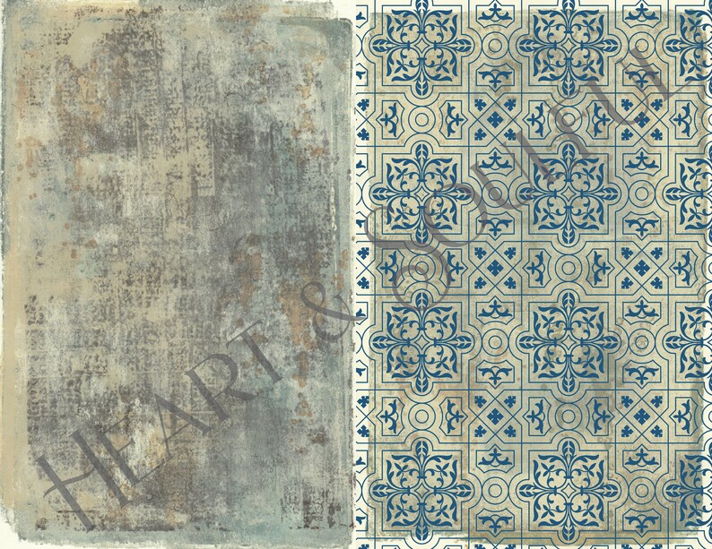 May include: A digital paper background with a distressed, textured, blue and beige left side and a repeating blue and beige geometric pattern on the right side.