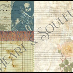 May include: A vintage-style collage featuring a portrait of a man with a ruff collar, a patterned fabric, a ledger page, and a handwritten note with the text "Vente en Gros". The background is a cream-colored paper with lines and a floral design.