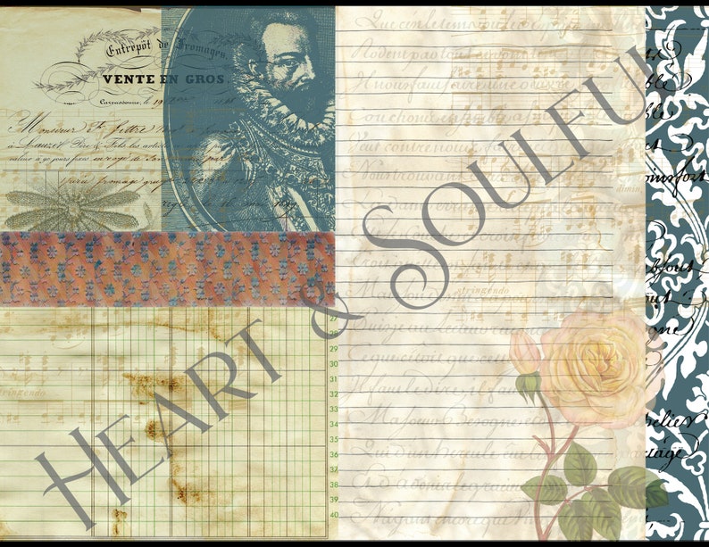 May include: A vintage-style collage featuring a portrait of a man with a ruff collar, a patterned fabric, a ledger page, and a handwritten note with the text "Vente en Gros". The background is a cream-colored paper with lines and a floral design.