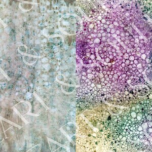 May include: Abstract art print with a textured, bubble-like pattern in shades of purple, green, and white. The left side of the print features a faded, textured background with a subtle blue and green color scheme.
