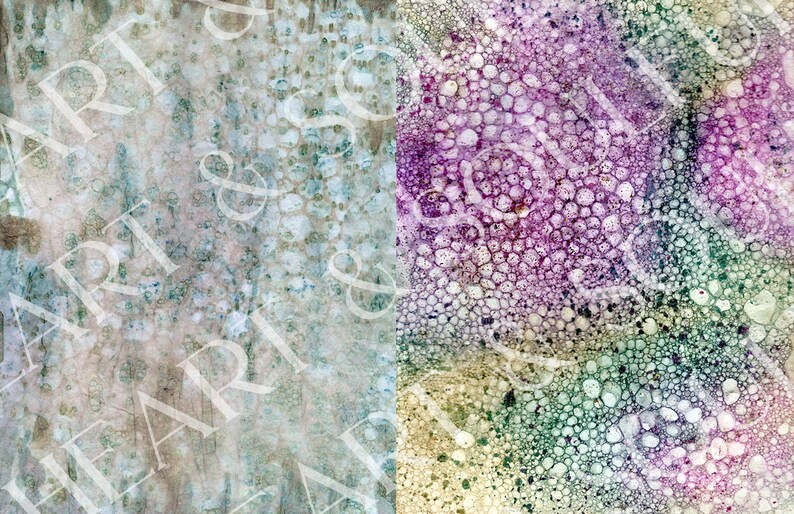 May include: Abstract art print with a textured, bubble-like pattern in shades of purple, green, and white. The left side of the print features a faded, textured background with a subtle blue and green color scheme.
