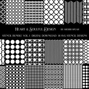 May include: A digital download of 18 SVG stencil designs in black and white. The designs showcase diverse geometric patterns, including circles, diamonds, and interlocking shapes. The text "HEART & SOULFUL DESIGN" and "STENCIL BUNDLE VOL. 1" are also visible.