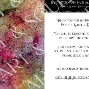 May include: A digital download of 15 hand-dyed paper backgrounds in a bubble bright theme. The papers are 300 DPI and print at 8.5 x 11 inches. The image shows a close-up of one of the papers with a pink, green, and brown color scheme.
