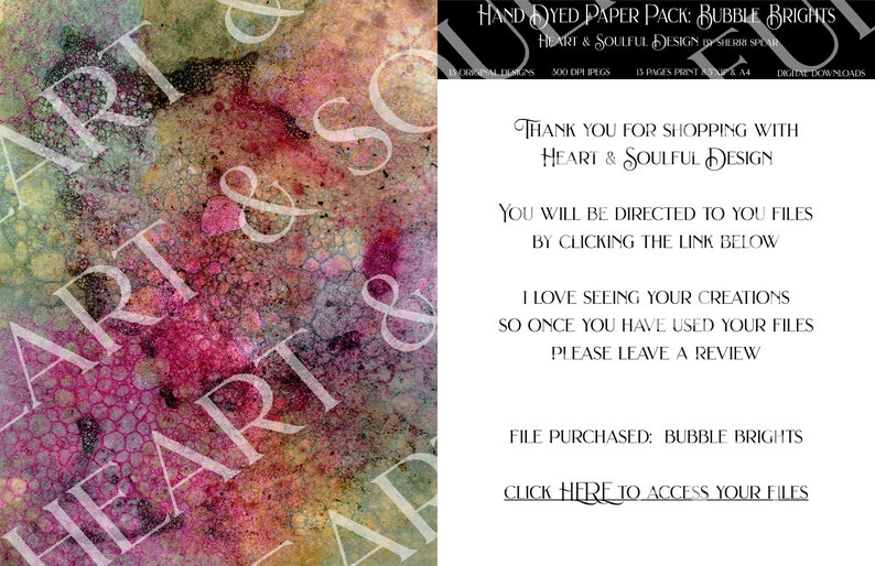 May include: A digital download of 15 hand-dyed paper backgrounds in a bubble bright theme. The papers are 300 DPI and print at 8.5 x 11 inches. The image shows a close-up of one of the papers with a pink, green, and brown color scheme.