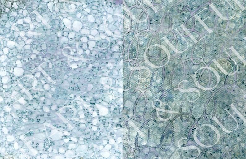 May include: Abstract digital art print with a blue and white color scheme. The left side of the print features a pattern of small, round shapes. The right side of the print features a pattern of overlapping lines.
