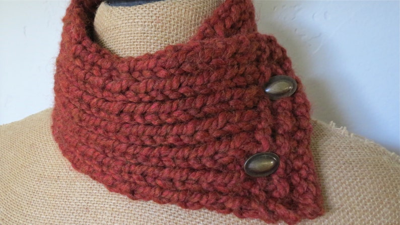 Hand Knitted Buttoned Neck Warmer in Rust Item KNW21604 image 3