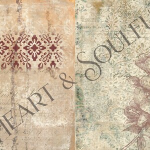 Peut inclure: Un fond de style vintage avec un aspect textur&eacute; et d&eacute;lav&eacute;. Les mots "HEART & SOULFUL" sont &eacute;crits dans une police d'&eacute;criture cursive d&eacute;corative. Le fond pr&eacute;sente un motif floral et un motif r&eacute;p&eacute;titif.