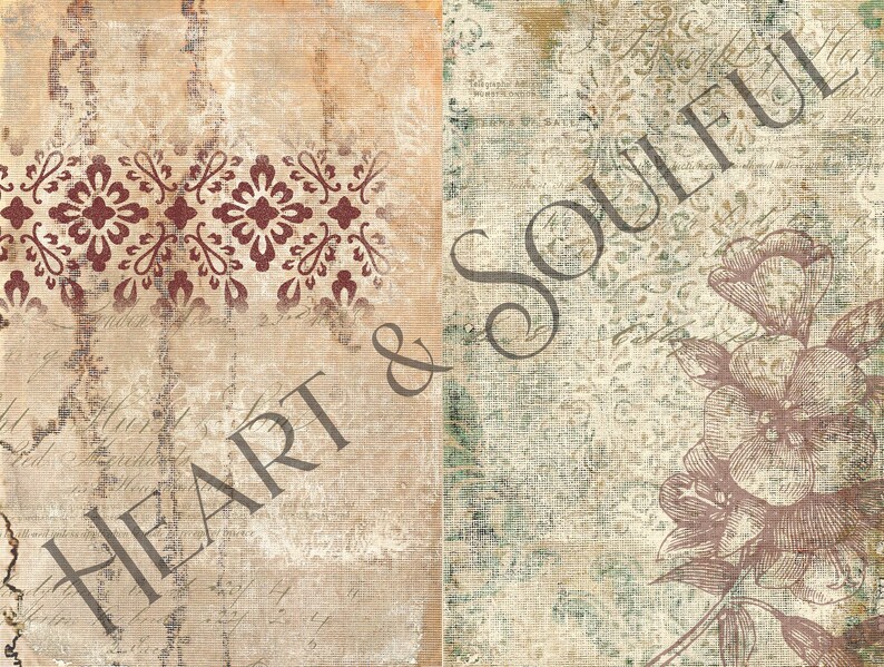 Peut inclure: Un fond de style vintage avec un aspect textur&eacute; et d&eacute;lav&eacute;. Les mots "HEART & SOULFUL" sont &eacute;crits dans une police d'&eacute;criture cursive d&eacute;corative. Le fond pr&eacute;sente un motif floral et un motif r&eacute;p&eacute;titif.
