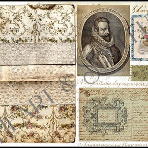 May include: A vintage collage featuring a portrait of a man in a ruff collar, a floral arrangement in a vase, and a handwritten note with the text "Maison Destin Lapournuvoit par tout." The collage is on a background of patterned paper.