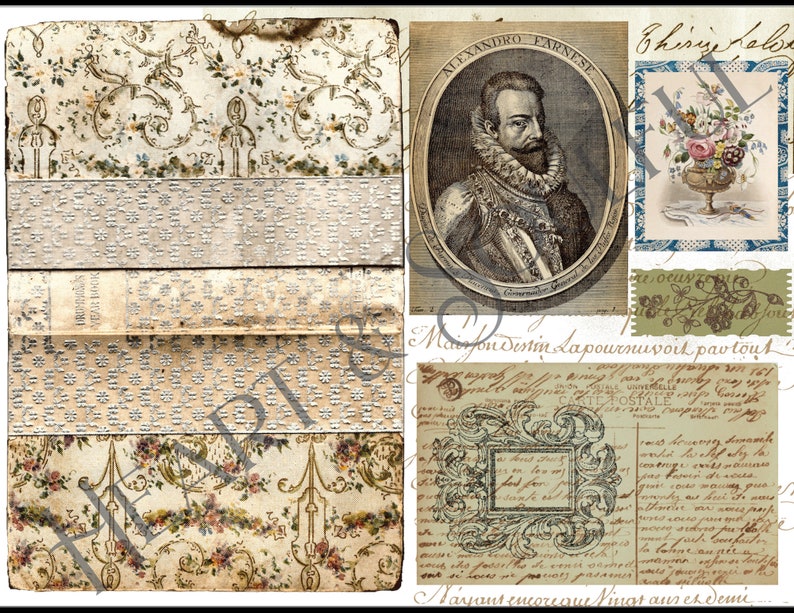 May include: A vintage collage featuring a portrait of a man in a ruff collar, a floral arrangement in a vase, and a handwritten note with the text "Maison Destin Lapournuvoit par tout." The collage is on a background of patterned paper.