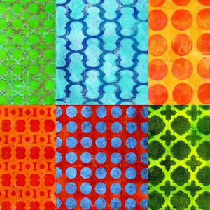K&ouml;nnte beinhalten: Eine Collage aus sechs strukturierten Quadraten mit verschiedenen Mustern. Die Farben umfassen Gr&uuml;n, Blau, Orange und Rot. Muster umfassen Kreise, geometrische Formen und ein sich wiederholendes Vierpass-Design. Der Gesamteffekt ist eine lebendige und k&uuml;nstlerische Darstellung.