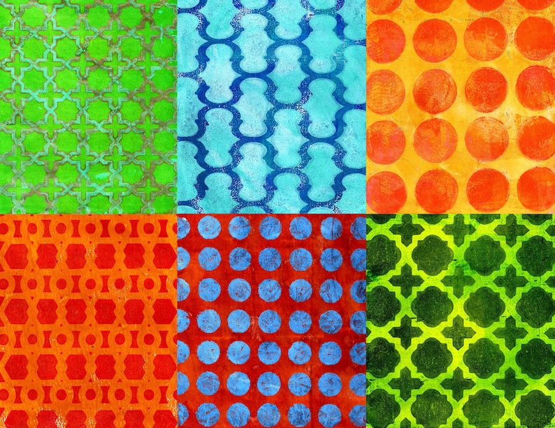 K&ouml;nnte beinhalten: Eine Collage aus sechs strukturierten Quadraten mit verschiedenen Mustern. Die Farben umfassen Gr&uuml;n, Blau, Orange und Rot. Muster umfassen Kreise, geometrische Formen und ein sich wiederholendes Vierpass-Design. Der Gesamteffekt ist eine lebendige und k&uuml;nstlerische Darstellung.