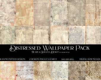 May include: A digital download pack of 18 distressed wallpaper designs. The pack includes 2 designs per 8.5 x 11 inch sheet, at 300 DPI in JPEG format. The designs feature a variety of textures and patterns, including distressed concrete, floral damask, and geometric patterns.