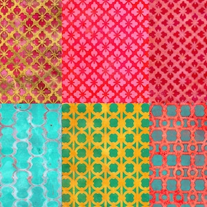 K&ouml;nnte beinhalten: Eine Collage aus sechs gemusterten Quadraten in Rot-, Gold-, Gr&uuml;n- und T&uuml;rkist&ouml;nen. Die Muster umfassen florale und geometrische Designs. Die Texturen wirken gealtert, mit einer Used- oder Vintage-&Auml;sthetik.