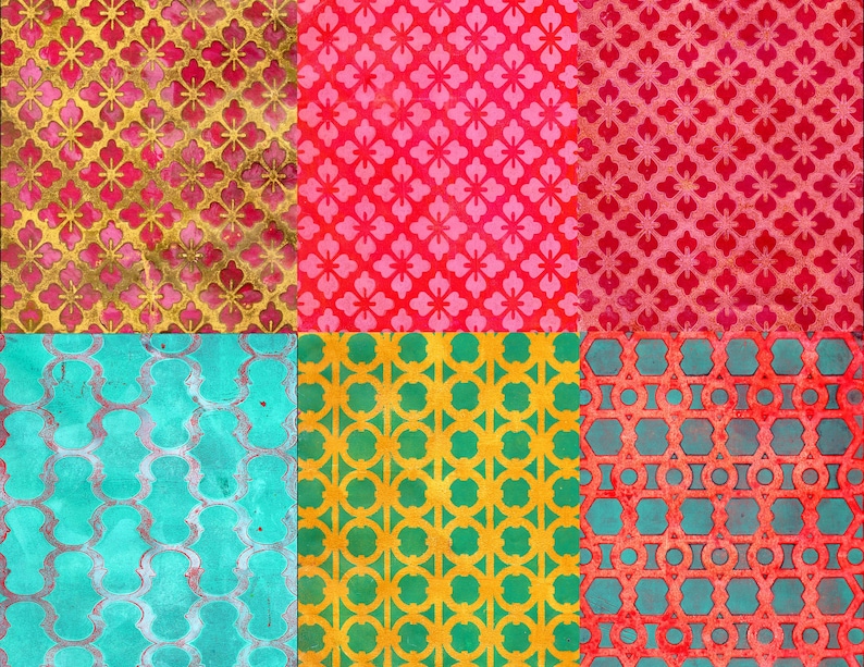 K&ouml;nnte beinhalten: Eine Collage aus sechs gemusterten Quadraten in Rot-, Gold-, Gr&uuml;n- und T&uuml;rkist&ouml;nen. Die Muster umfassen florale und geometrische Designs. Die Texturen wirken gealtert, mit einer Used- oder Vintage-&Auml;sthetik.