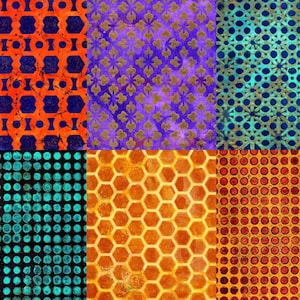 K&ouml;nnte beinhalten: Eine Collage aus sechs strukturierten Mustern in verschiedenen Farben. Die Muster umfassen geometrische Formen wie Kreise, Sechsecke und florale Designs. Farben sind Orange, Blau, Lila, T&uuml;rkis und Gold, wodurch eine lebendige und visuell ansprechende Komposition entsteht.