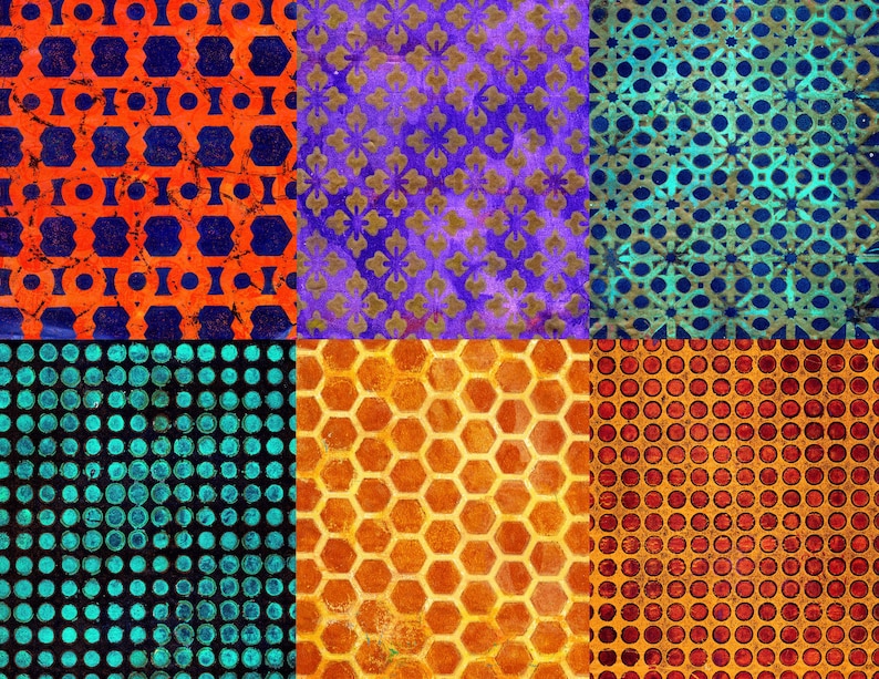 K&ouml;nnte beinhalten: Eine Collage aus sechs strukturierten Mustern in verschiedenen Farben. Die Muster umfassen geometrische Formen wie Kreise, Sechsecke und florale Designs. Farben sind Orange, Blau, Lila, T&uuml;rkis und Gold, wodurch eine lebendige und visuell ansprechende Komposition entsteht.