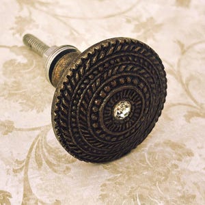 Antique Brass Rhinestone Knob, Reproduction Pull, Grecian Style knob, Medallion knob, Historical Hardware, Drawer Pull, Cottage Hardware