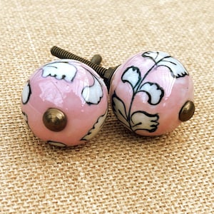 Pink Floral Round Ceramic Knobs, Antique Floral Drawer Pulls, Cabinet Knobs, Distressed Knob, Primitive Knob, Cabinet Hardware, Historical