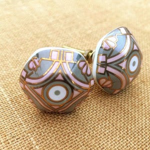 Art Deco Gray and Pink Ceramic Knobs, Antique Deco Drawer Pulls, Cabinet Knob, Distressed Knob, Primitive Knob, Cabinet Hardware, Historical