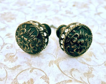 Antique Brass Ornate Knobs with Crystals, Decorative Cabinet Hardware