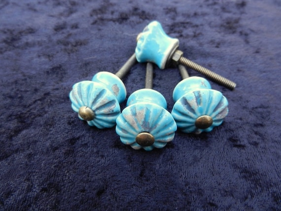 Turquoise Ceramic Knobs Antique Drawer Pulls Cabinet Knobs Etsy