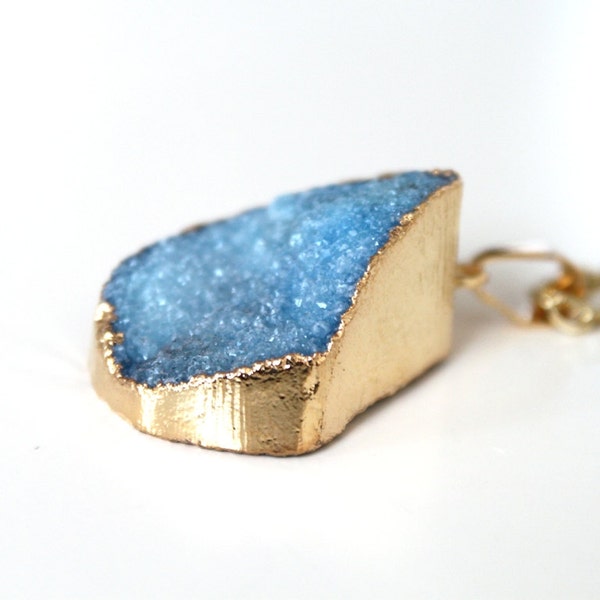 HOLIDAY SALE- 15% off. Sky Blue Druzy Necklace. Ocean Blue Druzy Pendant. Unique Gold Dipped Point Necklace. Long Gold Chain Necklace.