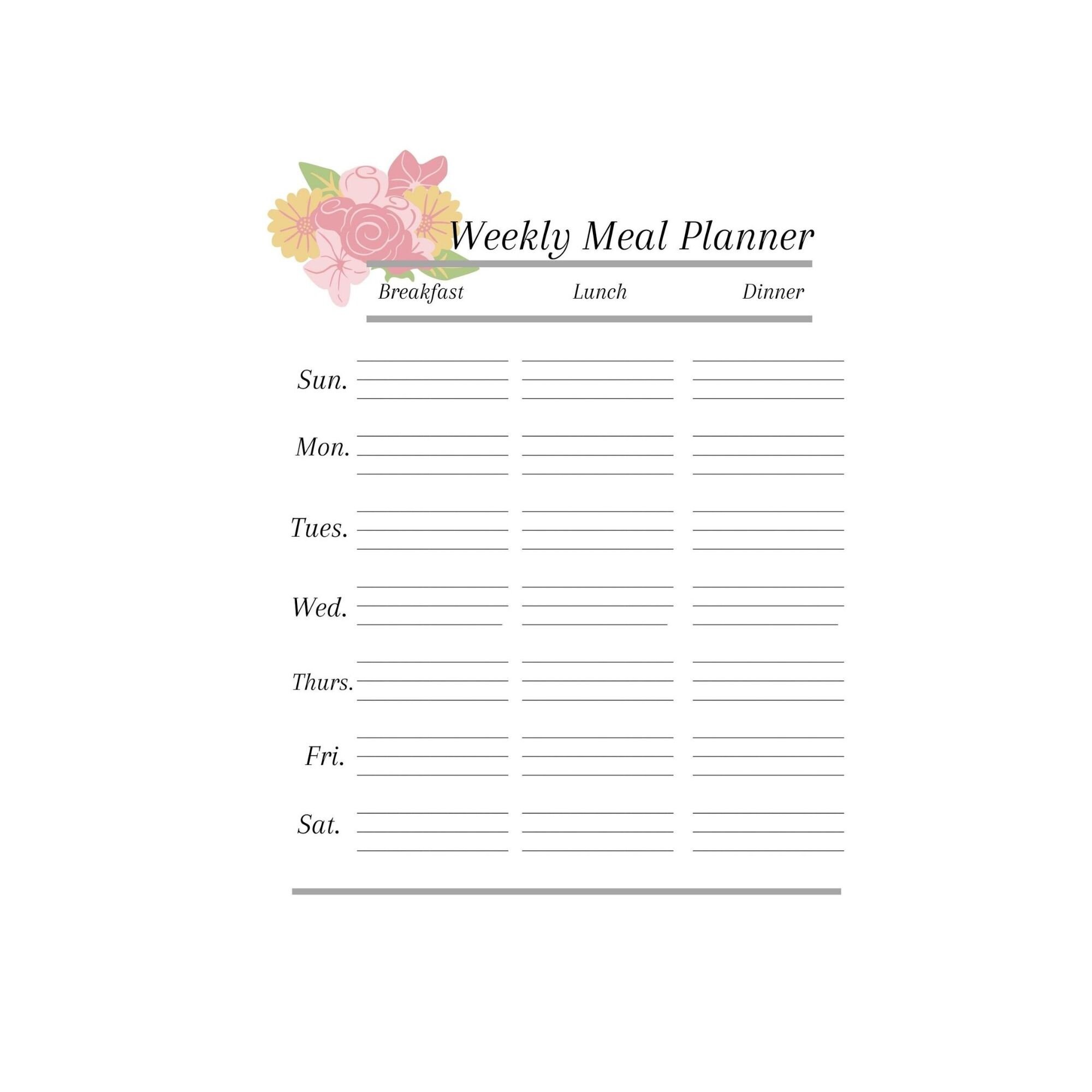 Weekly Meal Planner Sheet Sunday Thru Saturday Downloadable | Etsy