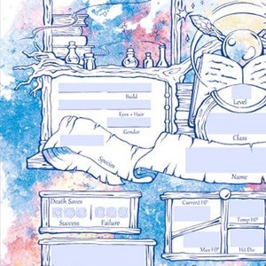 以下が含まれることがあります： ロールプレイングゲーム用の印刷可能なキャラクターシート。シートは青とピンクの水彩画の背景でデザインされており、名前、クラス、レベル、能力、スキルなど、キャラクター情報のさまざまなセクションがあります。シートは、あらゆるテーブルトップロールプレイングゲームで使用できます。