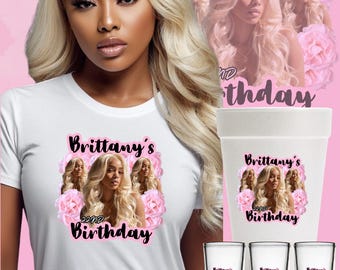 May include: White t-shirt, a white planter, and three shot glasses, all featuring a photo of a woman with blonde hair and the text "Brittany's 22nd Birthday" in pink and black. The background is pink.