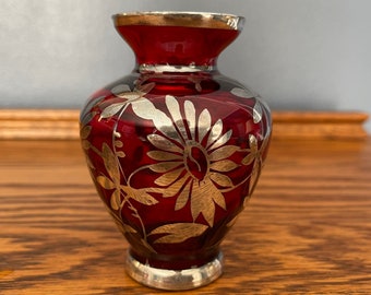 Vintage Ruby Red Vase with Silver Floral Design Small Vase 4" Tall x 3" Wide 2" opening