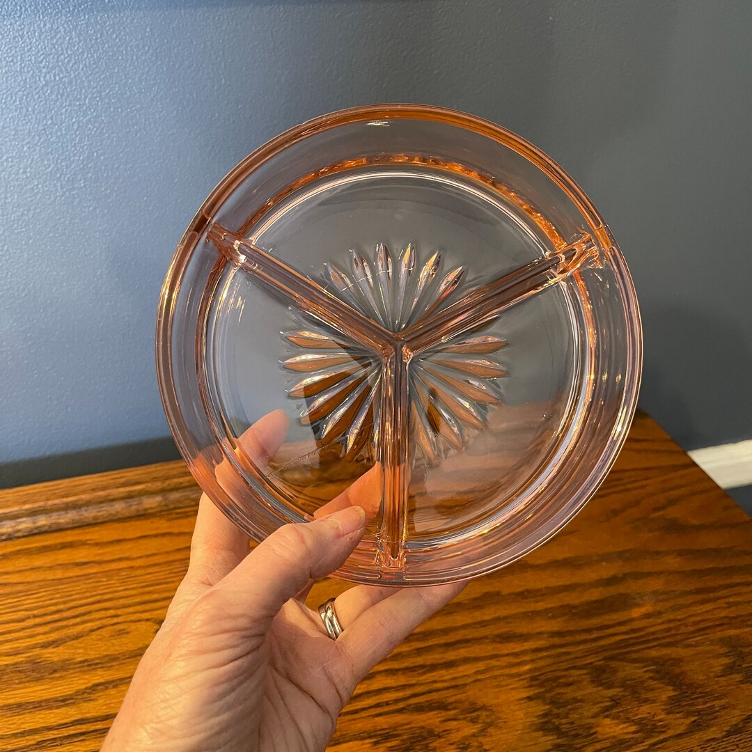 Mid Century Pink Divided Serving Dish or Candy Dish - Clear Pink Glass ...