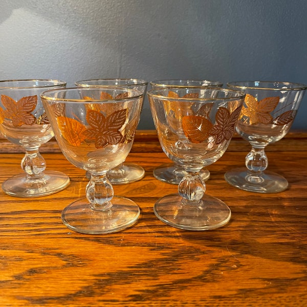 Gold Leaf Pedestal Glasses - Sipping Glasses - Dessert Glasses - Set of Six