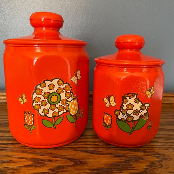 Vintage Kromex Set of Two Canisters Made in USA Retro Canister with Flower Excellent Condition 70s