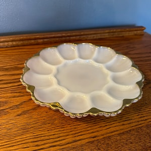 Milk Glass Deviled Egg Plate with Gold Trim - Mid Century - Gold Rimmed Egg Plater