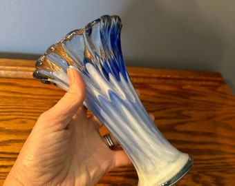 Vintage Blue Swirl Art Glass Hand Blown Blue and White Vase