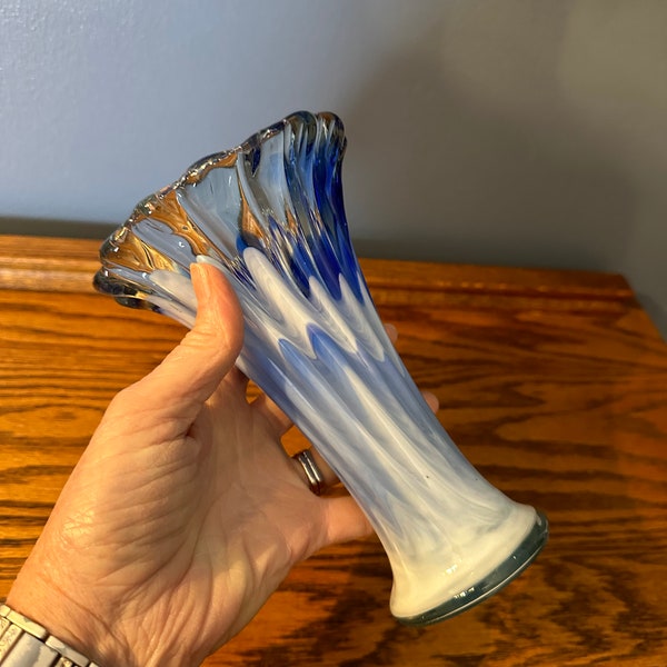 Vintage Blue Swirl Art Glass Hand Blown Blue and White Vase