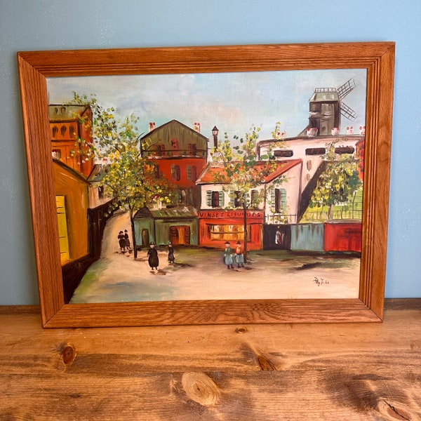 Mid Century Street Scene Oil on Board Signed Peg 1962 - Wood Frame - 26.5 x 21.5 inches