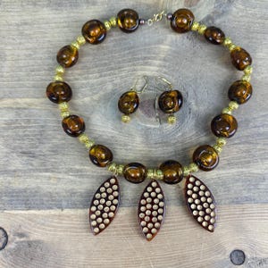 Brown and Gold Vintage Necklace and Dangle Pierced Earrings - Necklace and Earring Set - Earth Tones