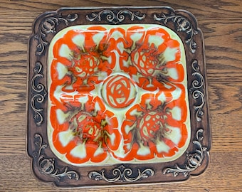 Ceramic Divided  Dish - Serving Dish - Orange Glazed Design - Wood Look Ceramic Edges and Back - Treasure Craft - Made in USA