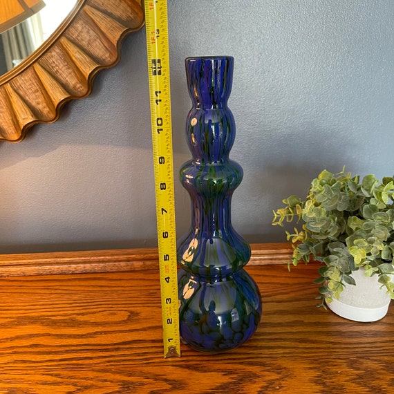 Mid Century Flower Vase - Blue and Green Hand Blo… - image 7
