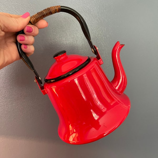 Vintage Red Enamel Tea Pot - Black Handle with Rattan - Vintage Tea Pot - Tea Kettle - Water Kettle