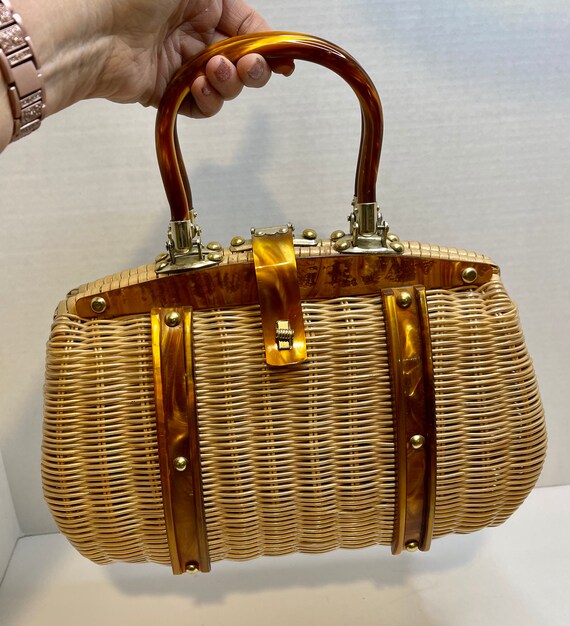 Vintage Wicker Rattan Basket Lucite Handbag MCM