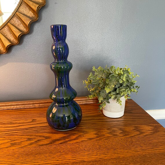 Mid Century Flower Vase - Blue and Green Hand Blo… - image 3