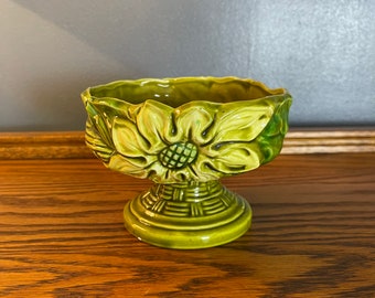 Avocado Green Mid Century Planter with Floral Design - Made in Japan